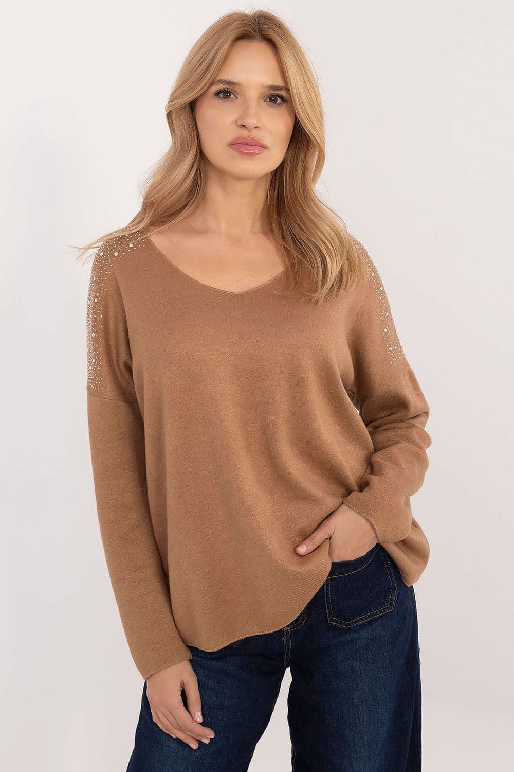 Rhinestone Sweater Elegant Round Neck - ShalayeFashion