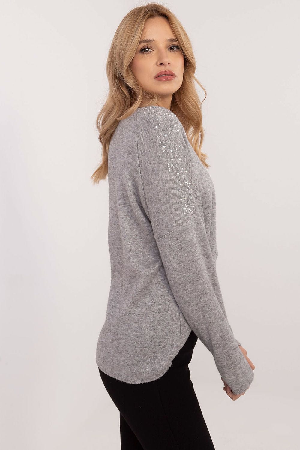 Rhinestone Sweater Elegant Round Neck - ShalayeFashion