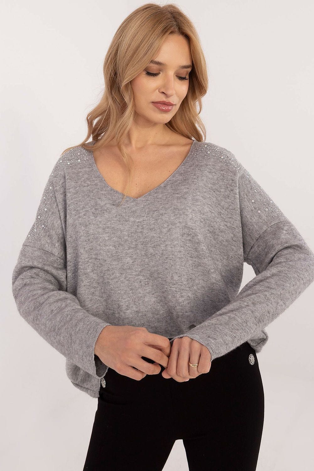 Rhinestone Sweater Elegant Round Neck - ShalayeFashion