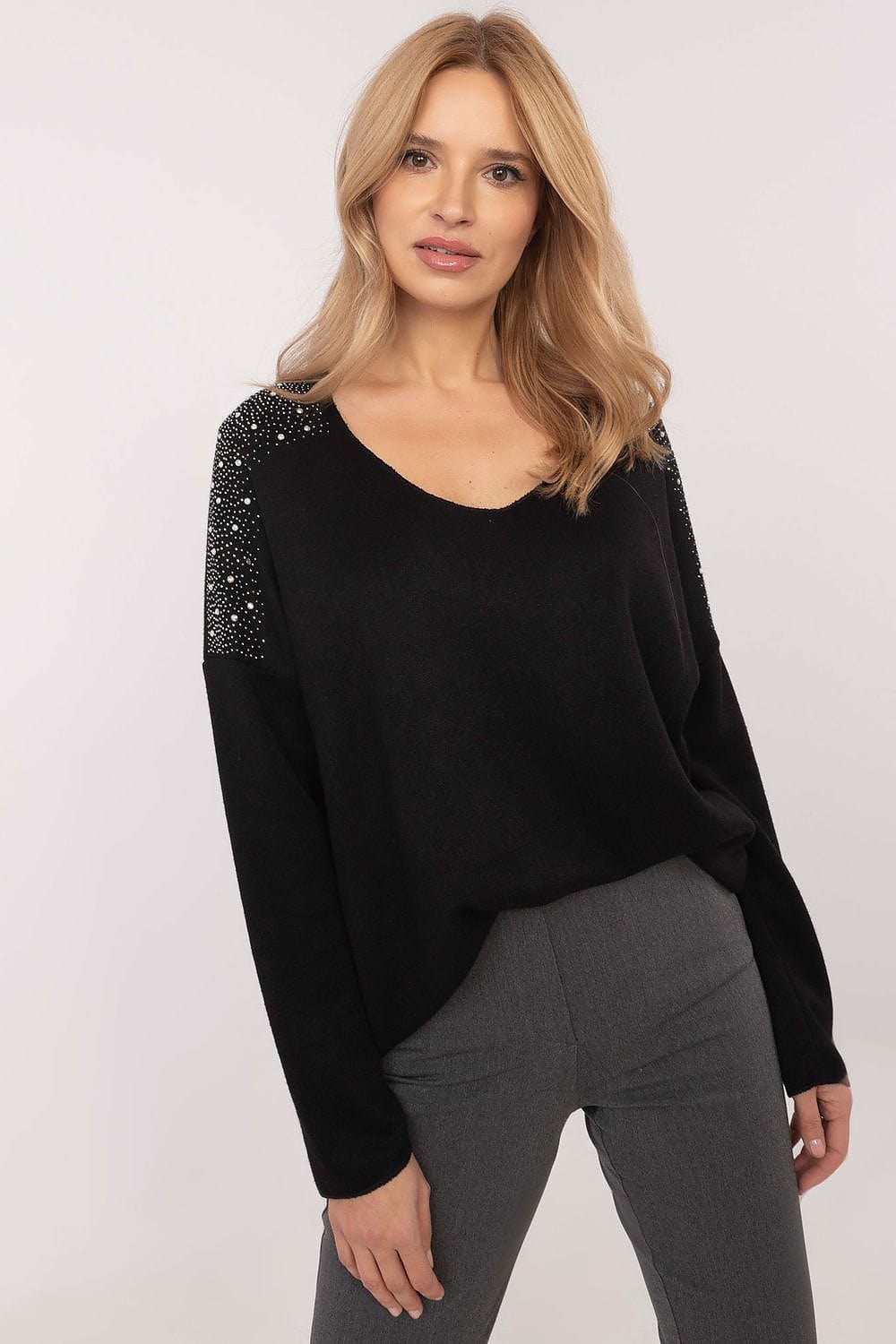 Rhinestone Sweater Elegant Round Neck - ShalayeFashion