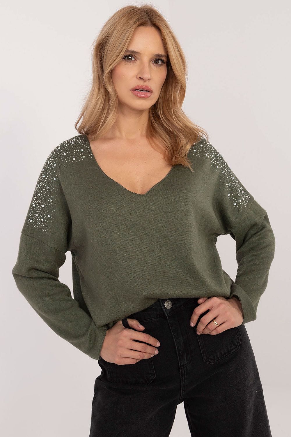 Rhinestone Sweater Elegant Round Neck - ShalayeFashion