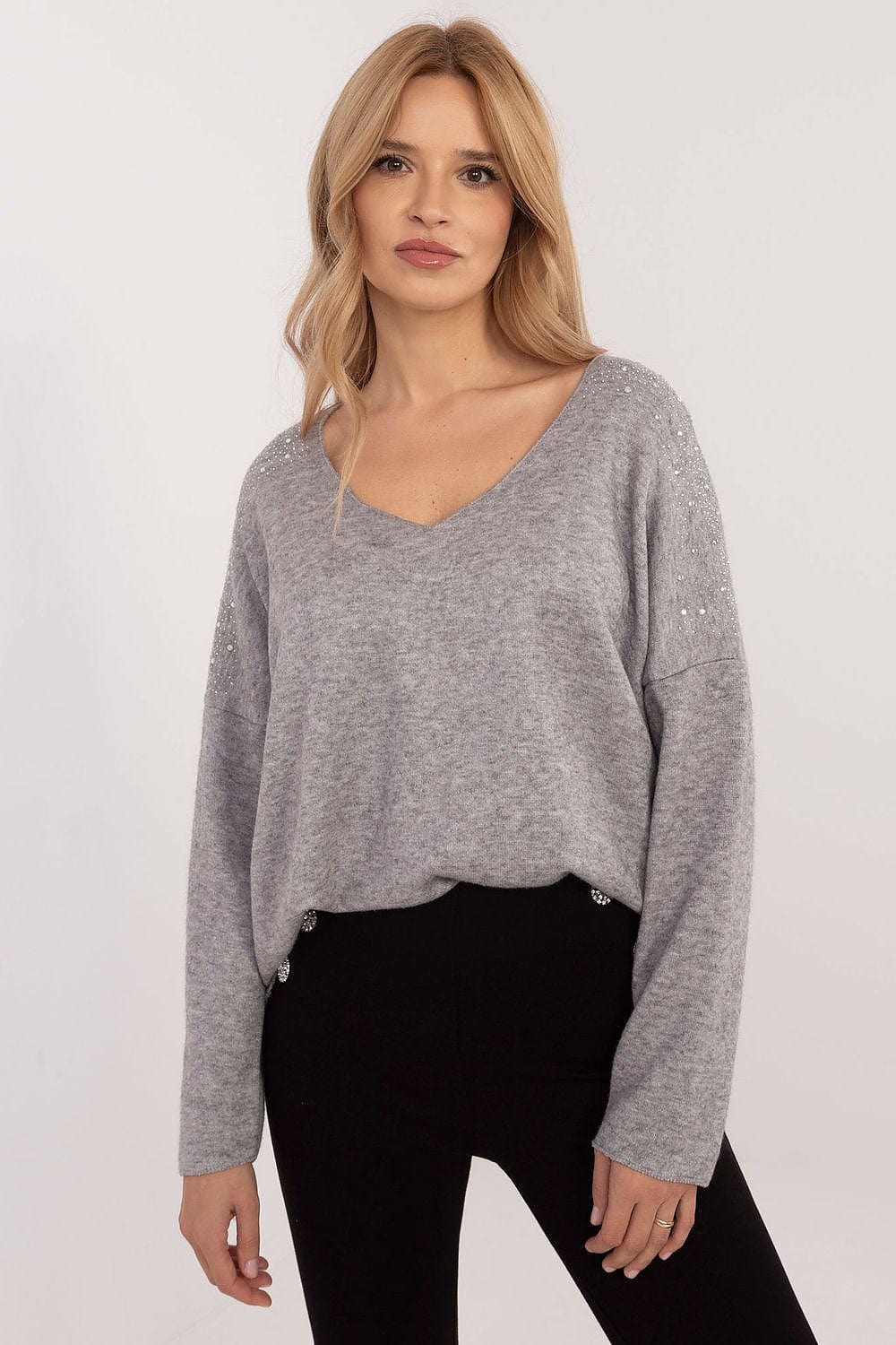 Rhinestone Sweater Elegant Round Neck - ShalayeFashion