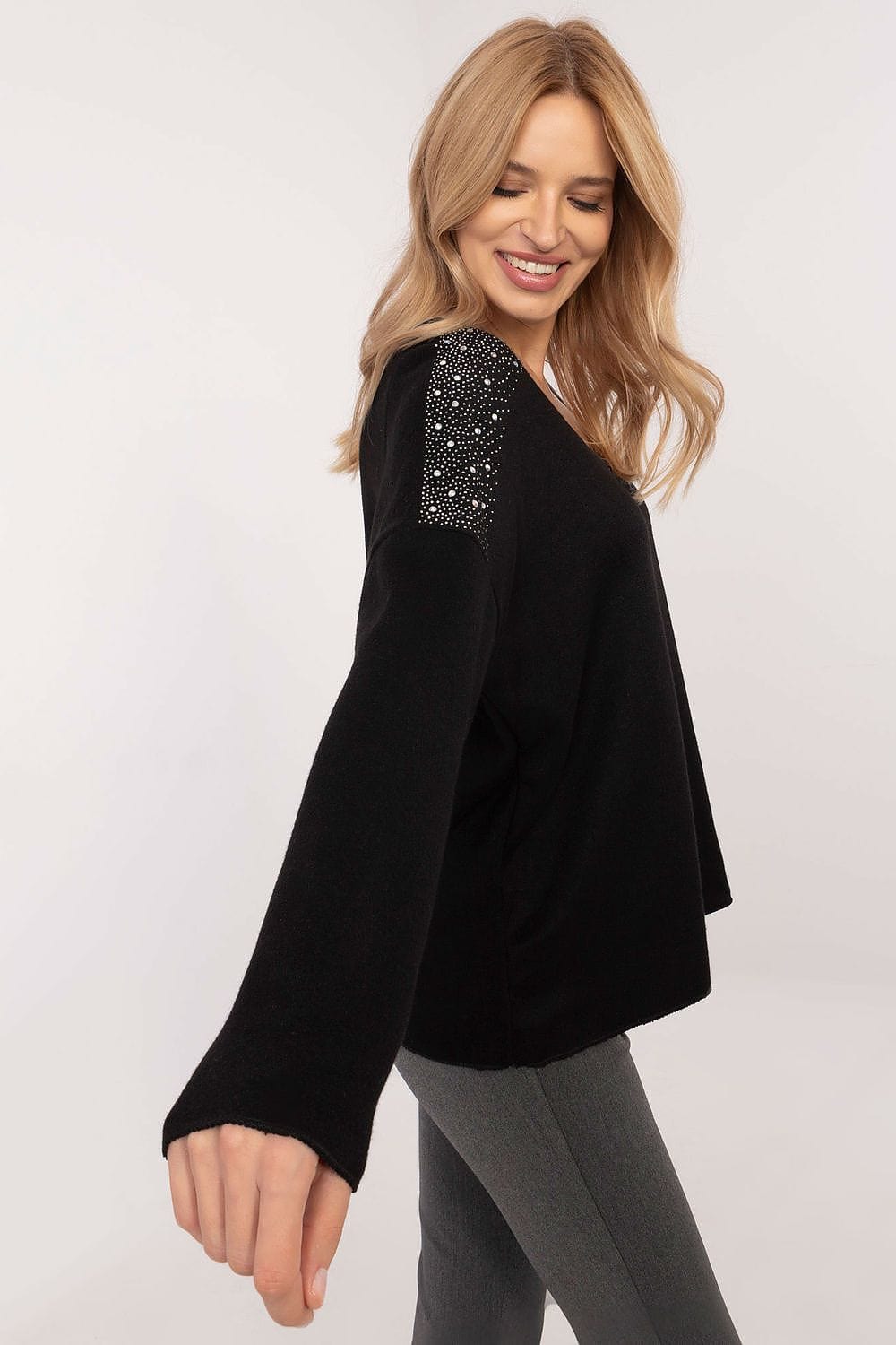 Rhinestone Sweater Elegant Round Neck - ShalayeFashion