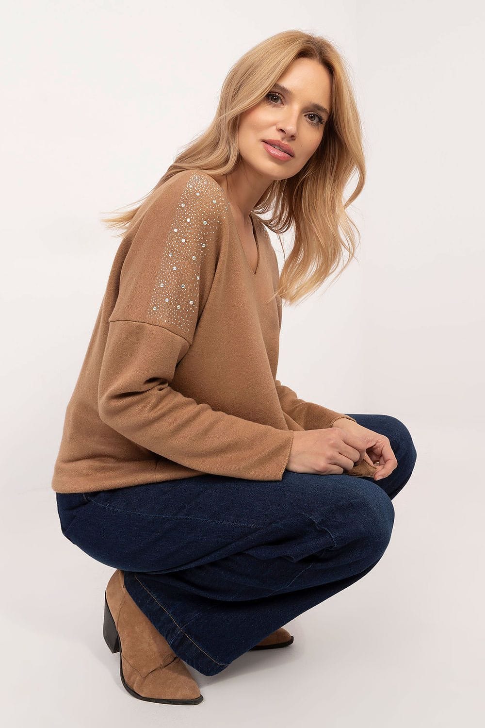 Rhinestone Sweater Elegant Round Neck - ShalayeFashion
