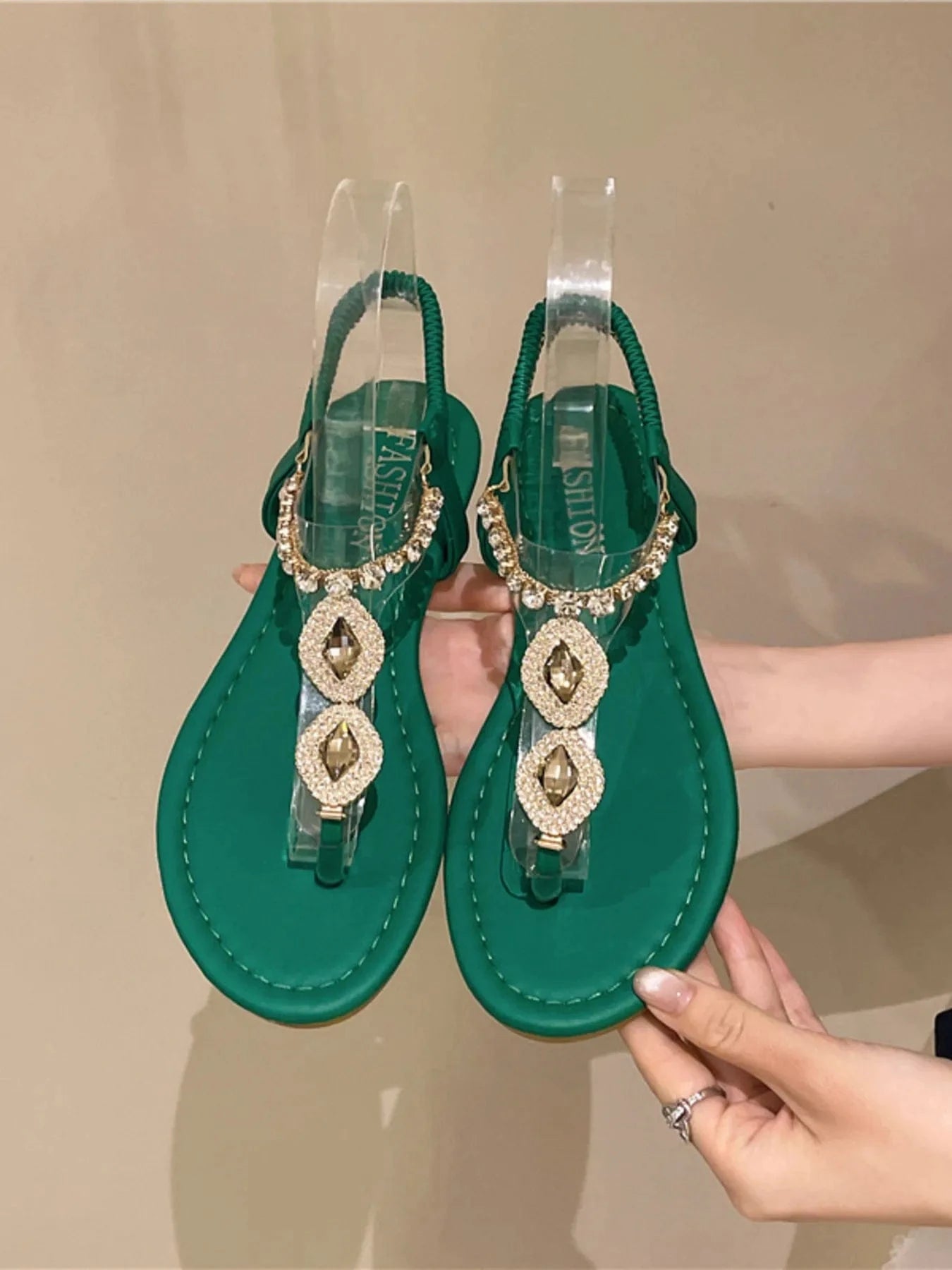 Rhinestone T - Strap Flat Sandals - ShalayeFashion