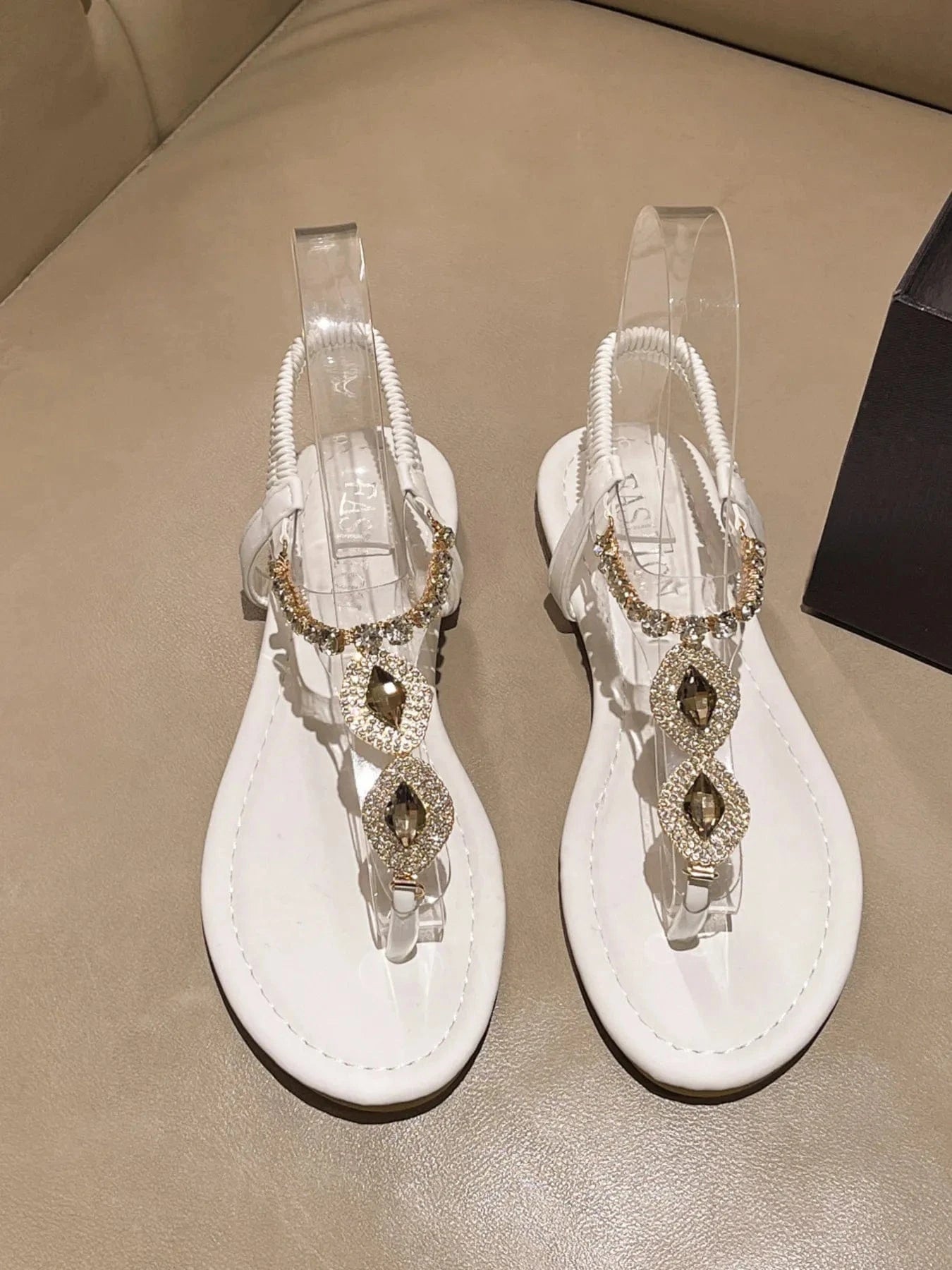 Rhinestone T - Strap Flat Sandals - ShalayeFashion