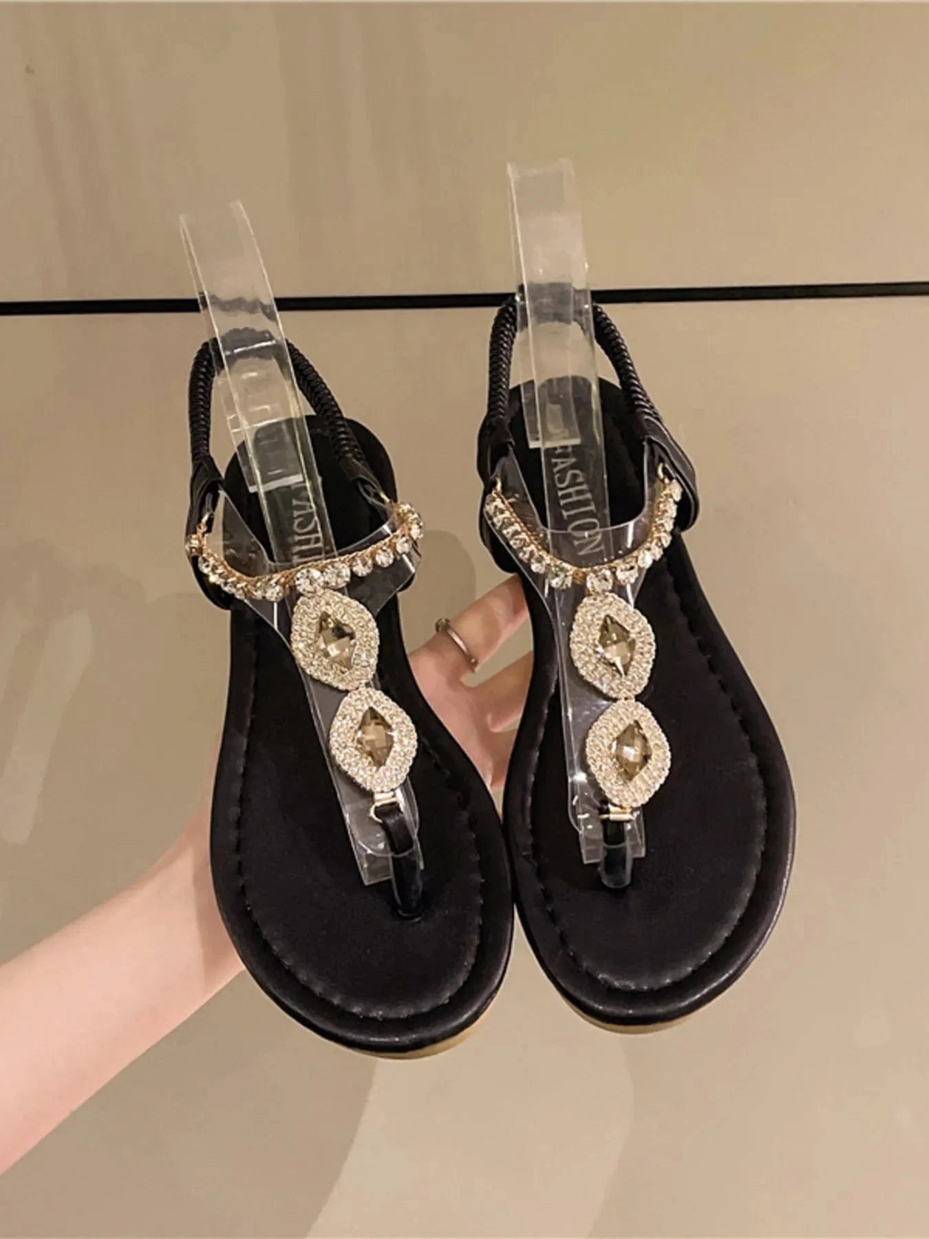 Rhinestone T - Strap Flat Sandals - ShalayeFashion