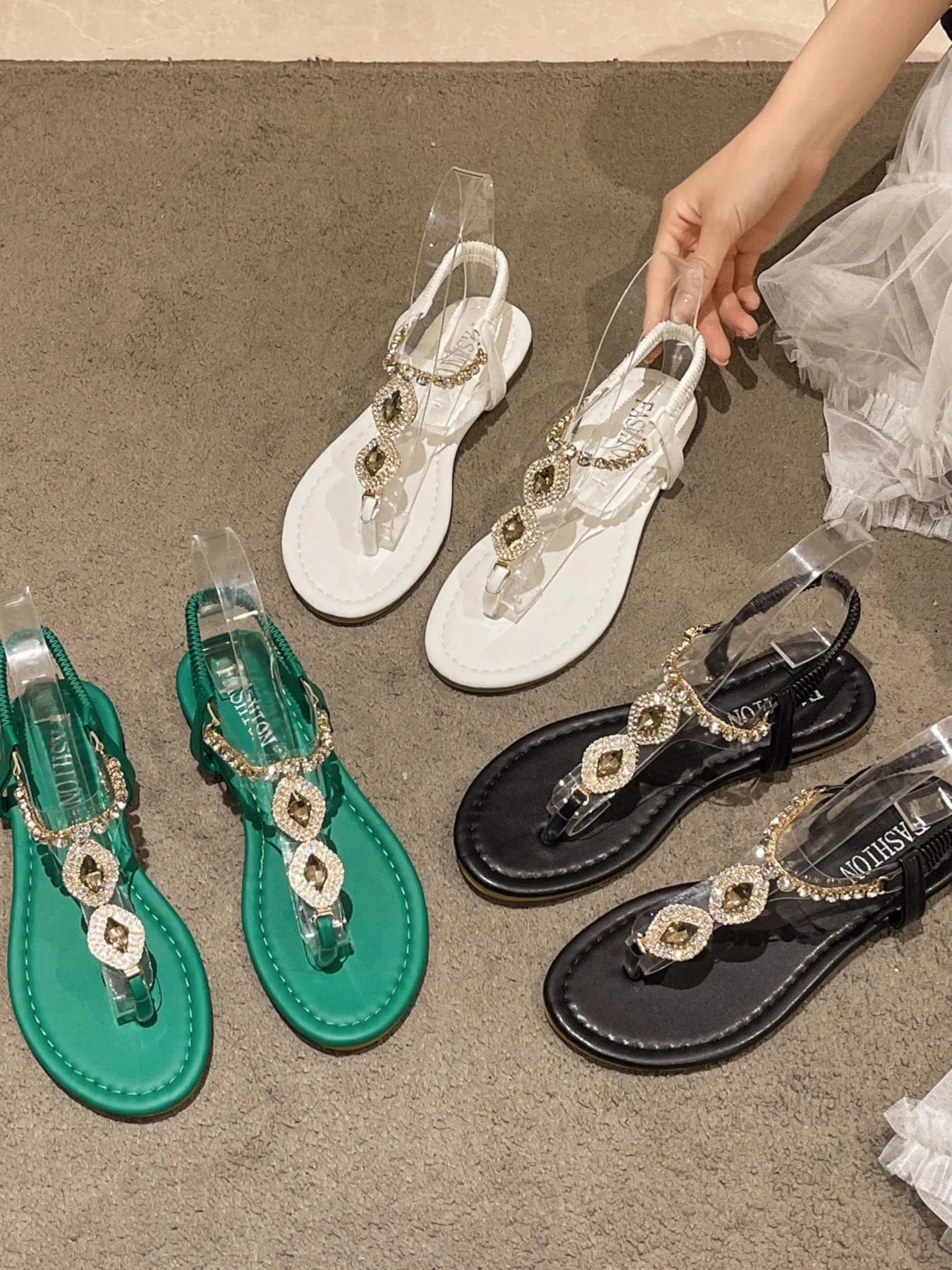 Rhinestone T - Strap Flat Sandals - ShalayeFashion