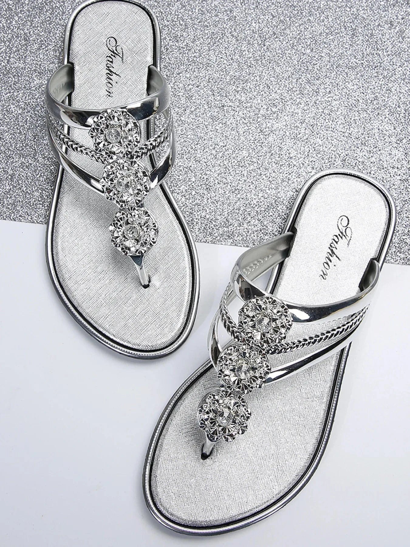 Rhinestone Toe Post Flats Sandals - ShalayeFashion