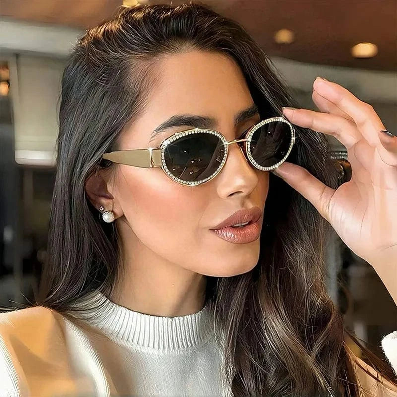 Rhinestones Decor Oval Sunglasses - ShalayeFashion