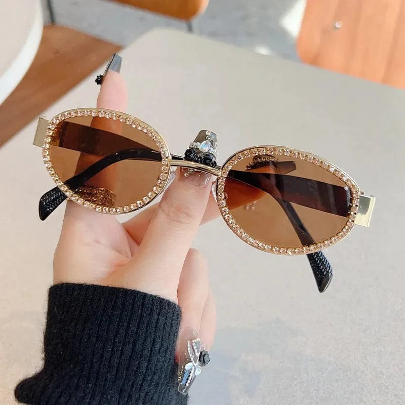 Rhinestones Decor Oval Sunglasses - ShalayeFashion