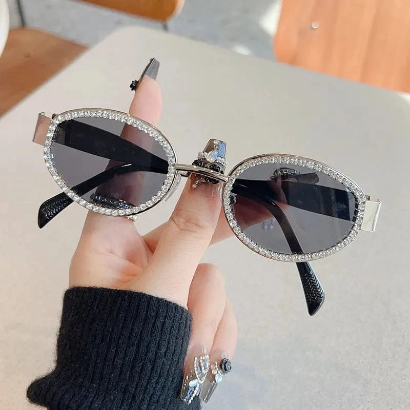 Rhinestones Decor Oval Sunglasses - ShalayeFashion