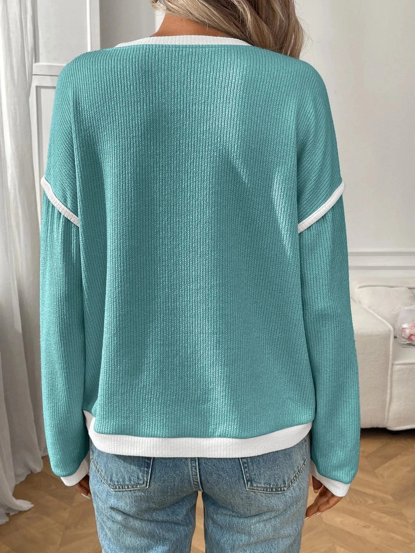 Ribbed Contrast Trim Long Sleeve Top - ShalayeFashion