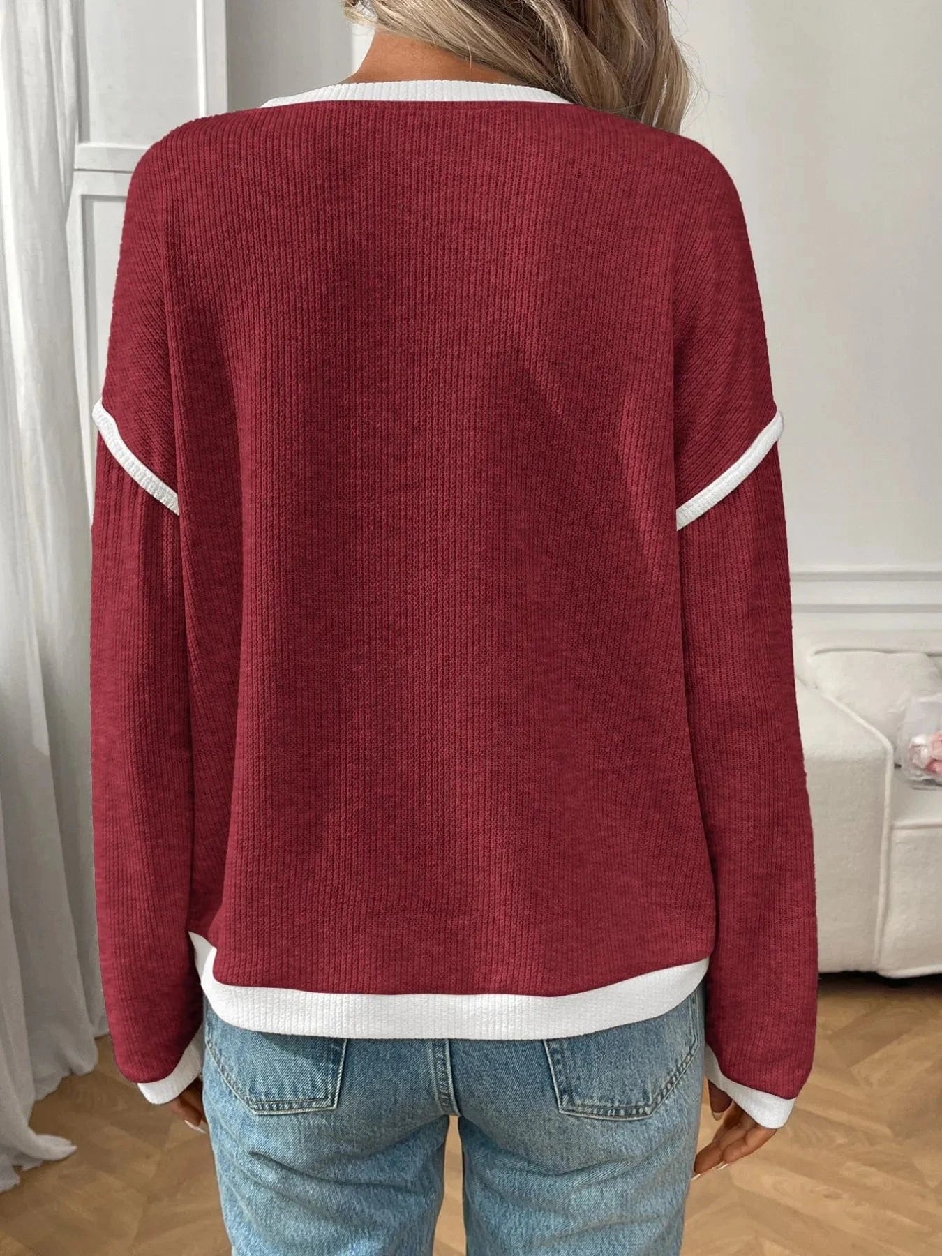 Ribbed Contrast Trim Long Sleeve Top - ShalayeFashion