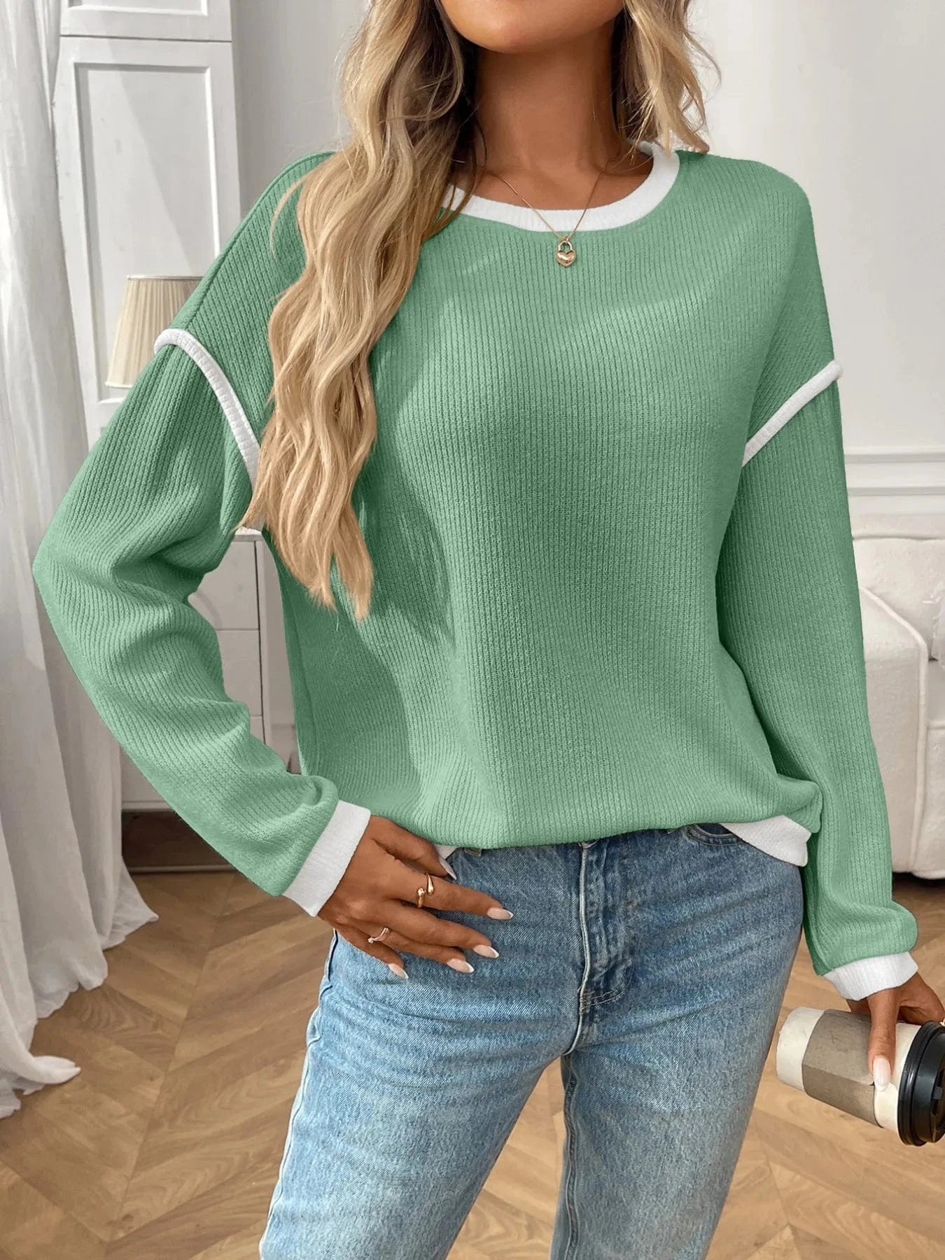 Ribbed Contrast Trim Long Sleeve Top - ShalayeFashion