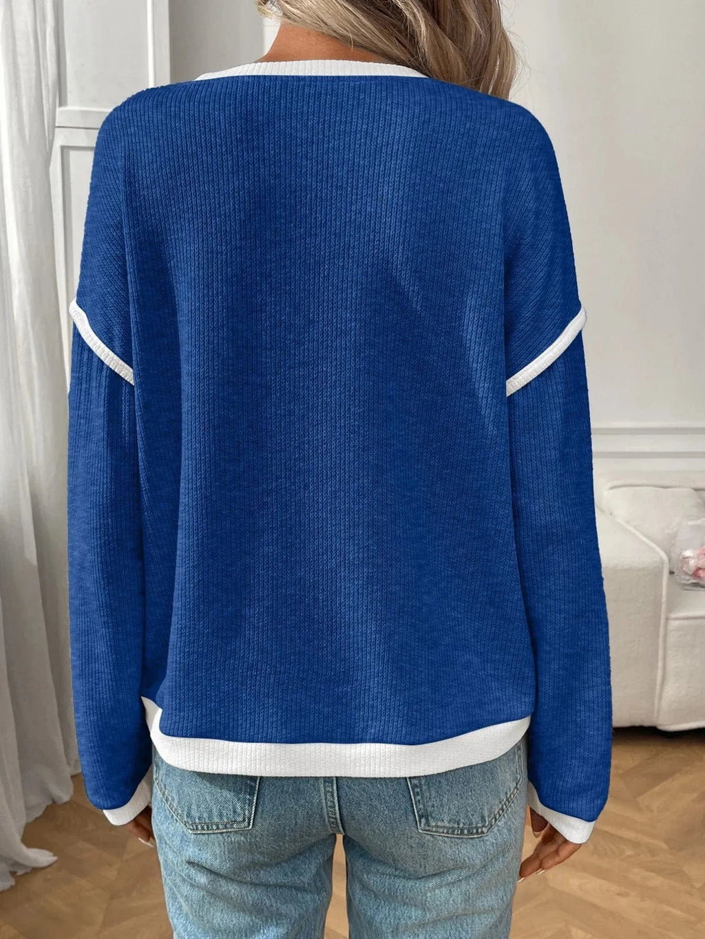 Ribbed Contrast Trim Long Sleeve Top - ShalayeFashion