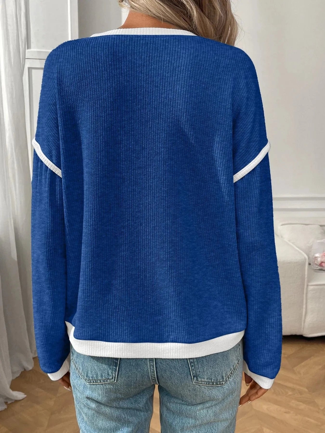 Ribbed Contrast Trim Long Sleeve Top - ShalayeFashion