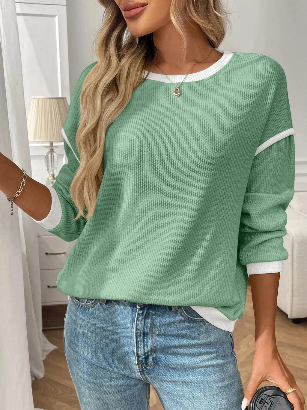 Ribbed Contrast Trim Long Sleeve Top - ShalayeFashion