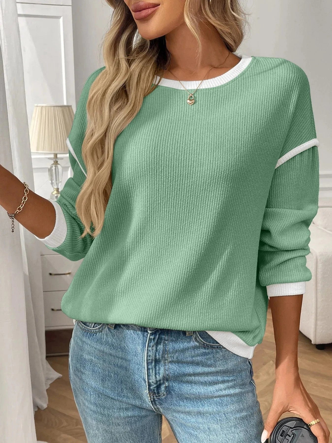 Ribbed Contrast Trim Long Sleeve Top - ShalayeFashion