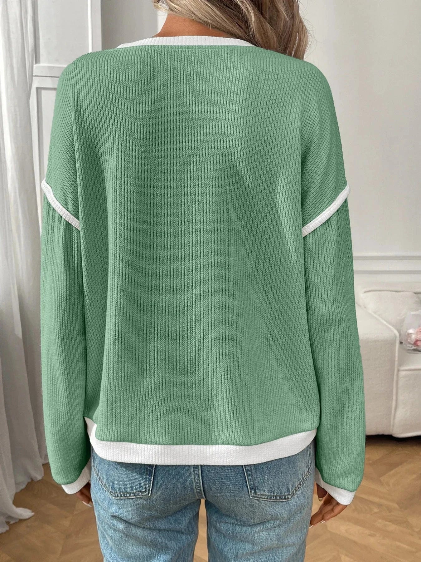 Ribbed Contrast Trim Long Sleeve Top - ShalayeFashion