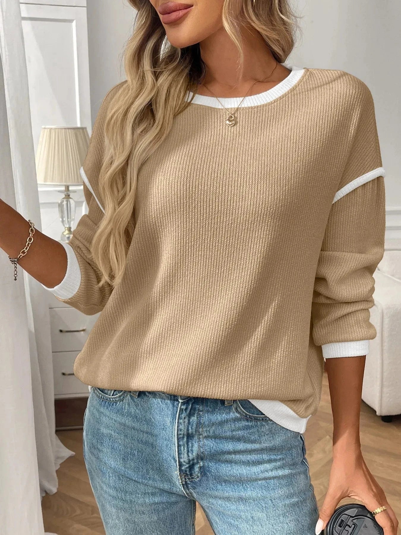 Ribbed Contrast Trim Long Sleeve Top - ShalayeFashion