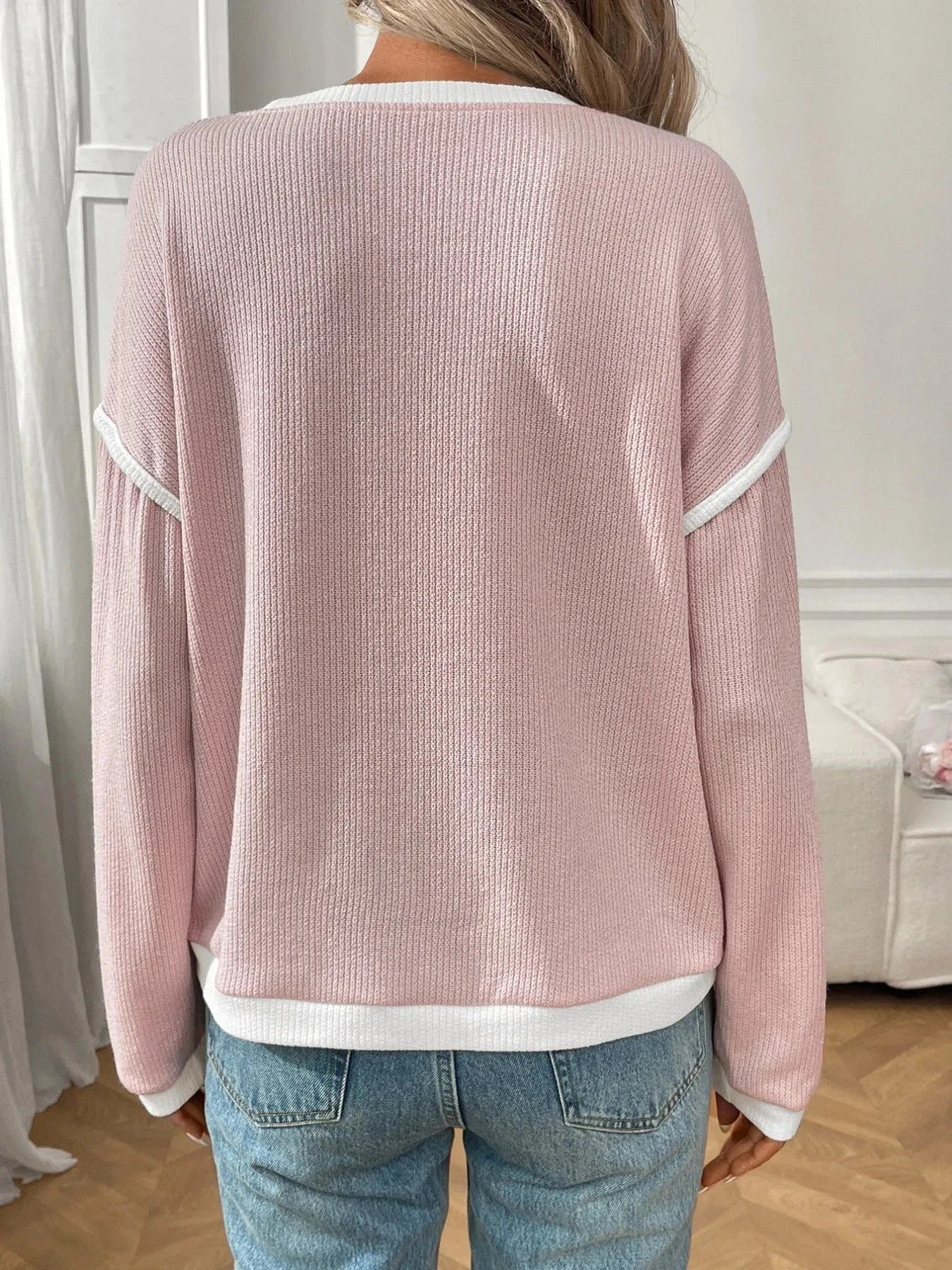 Ribbed Contrast Trim Long Sleeve Top - ShalayeFashion