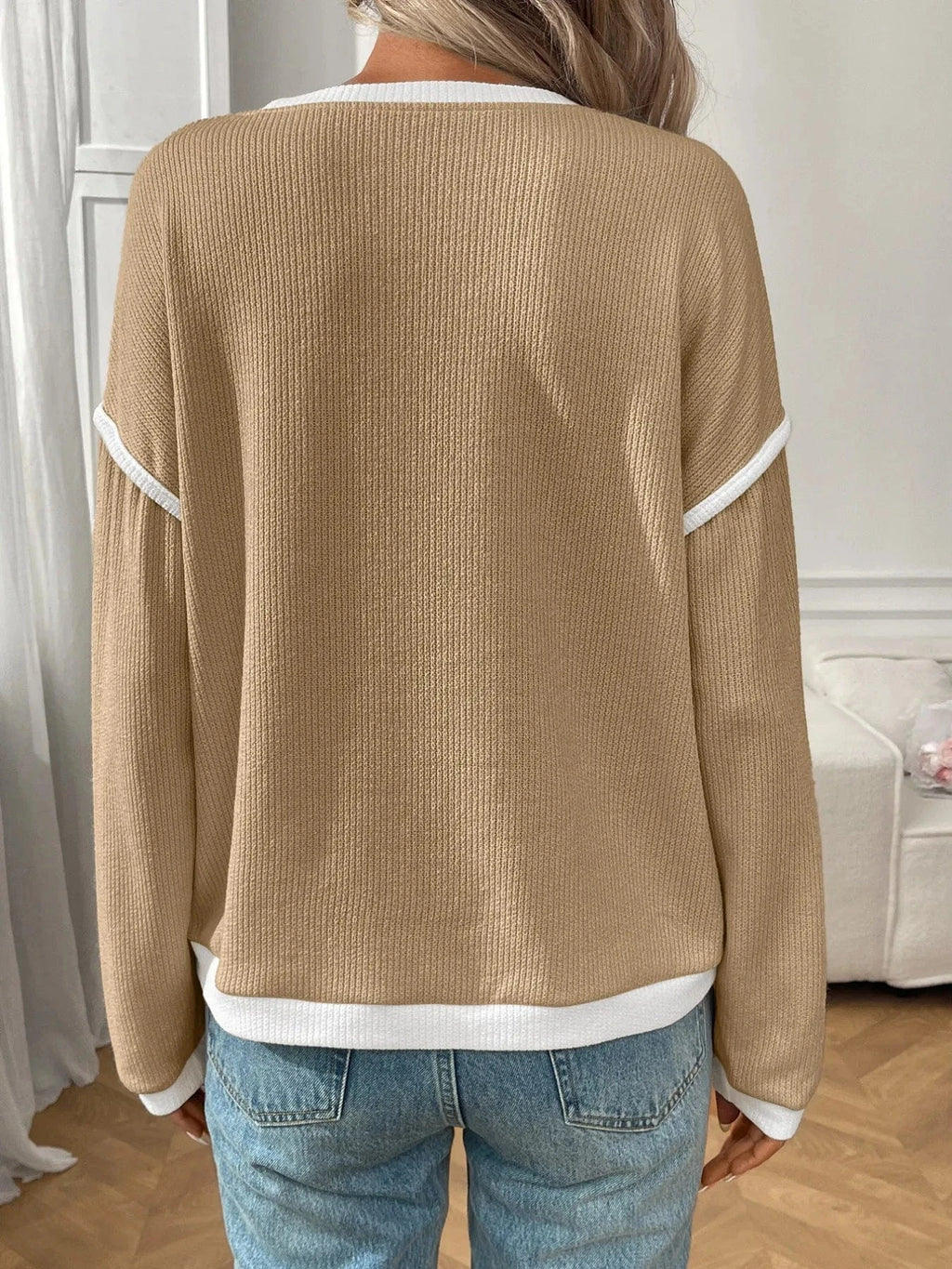 Ribbed Contrast Trim Long Sleeve Top - ShalayeFashion