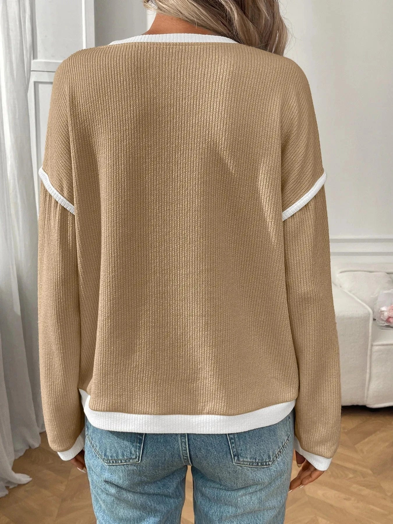 Ribbed Contrast Trim Long Sleeve Top - ShalayeFashion