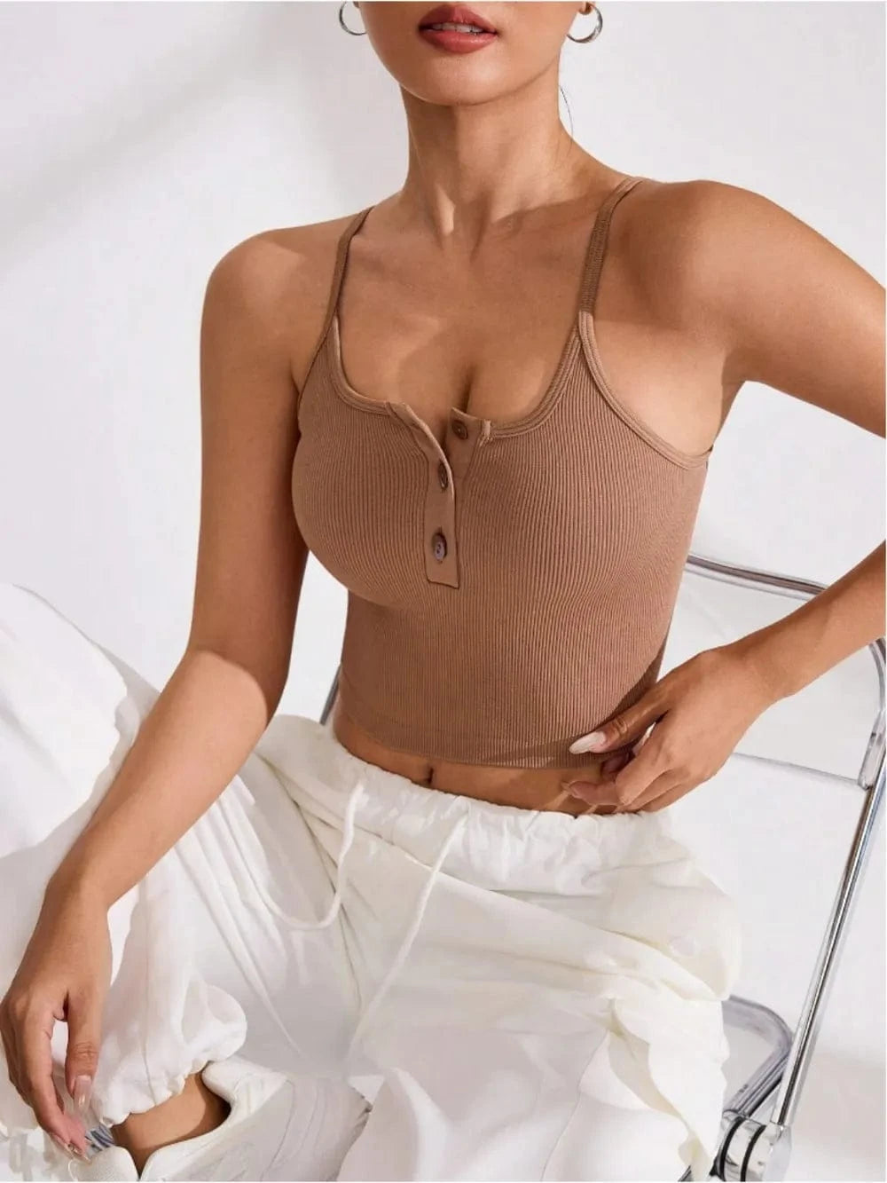Ribbed Half Button Cropped Active Cami - ShalayeFashion