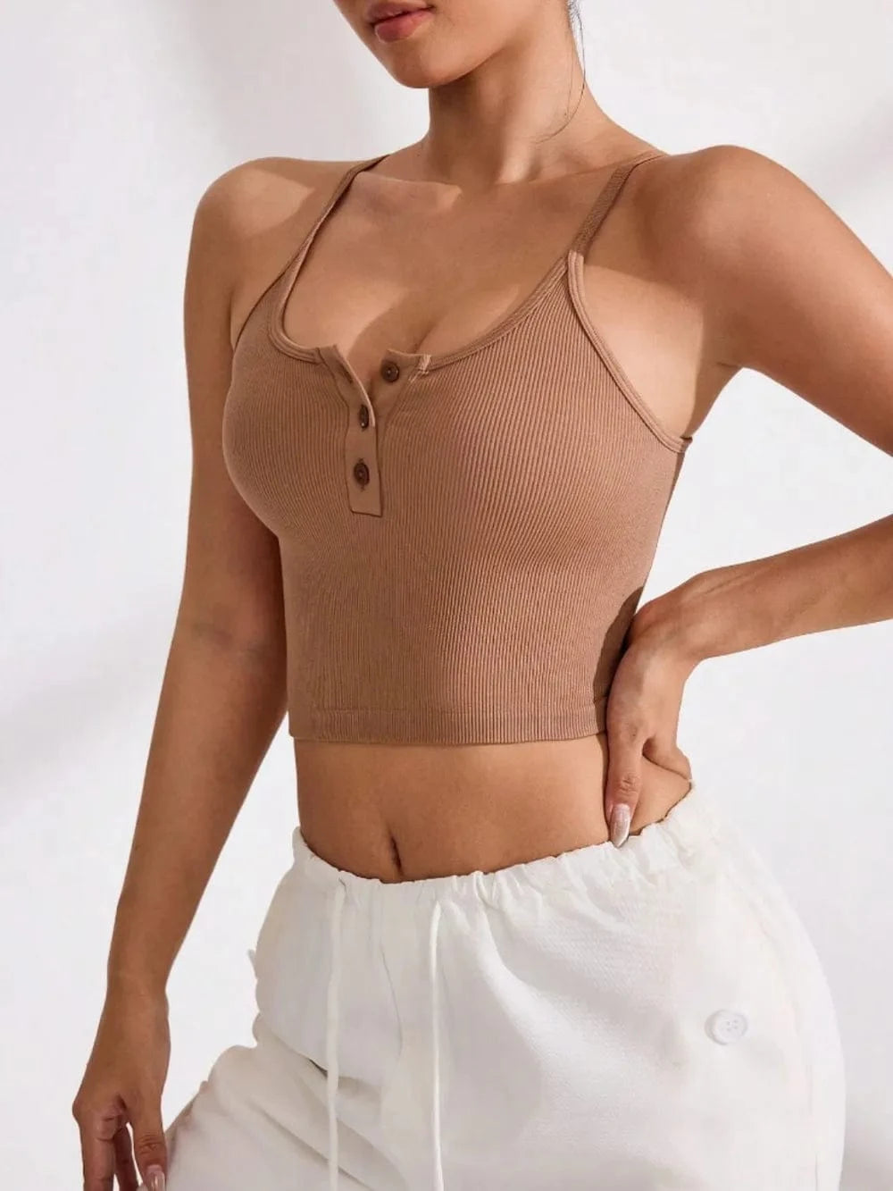 Ribbed Half Button Cropped Active Cami - ShalayeFashion