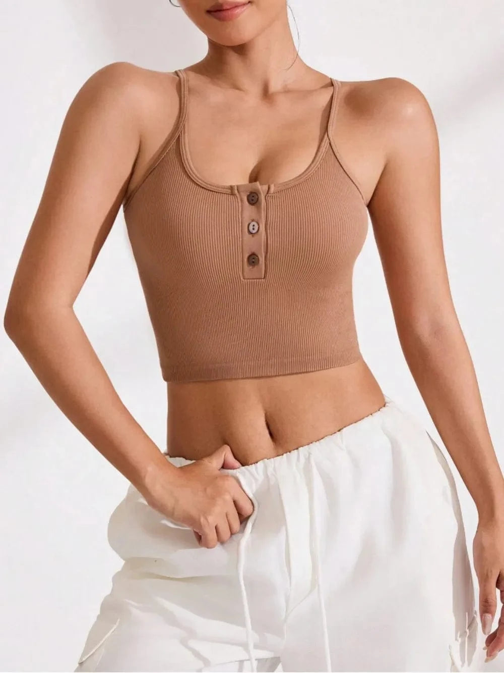 Ribbed Half Button Cropped Active Cami - ShalayeFashion