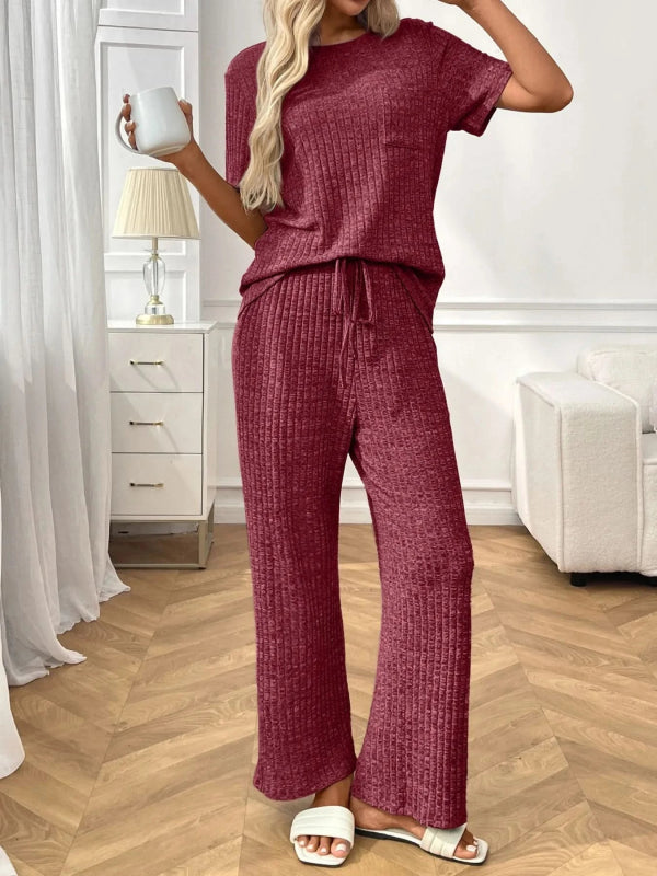 Ribbed Knit Short Sleeve Top and Pants Lounge Set - ShalayeFashion