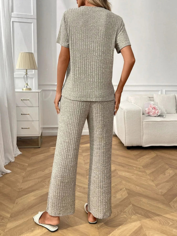 Ribbed Knit Short Sleeve Top and Pants Lounge Set - ShalayeFashion