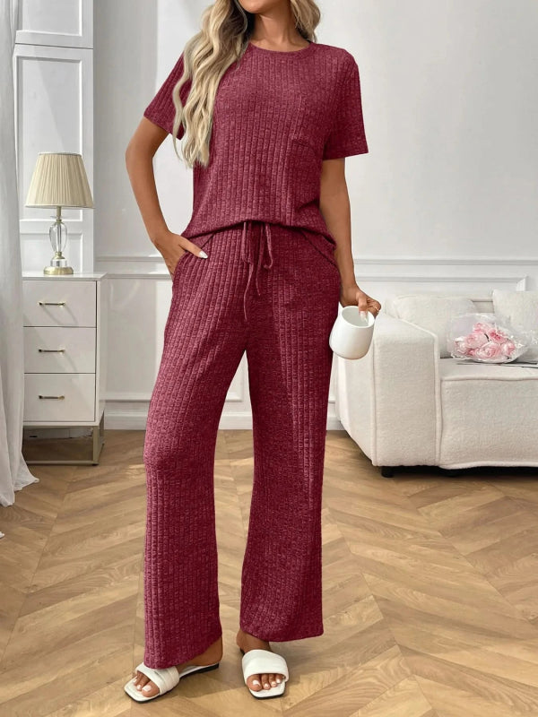 Ribbed Knit Short Sleeve Top and Pants Lounge Set - ShalayeFashion