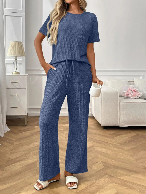 Ribbed Knit Short Sleeve Top and Pants Lounge Set - ShalayeFashion