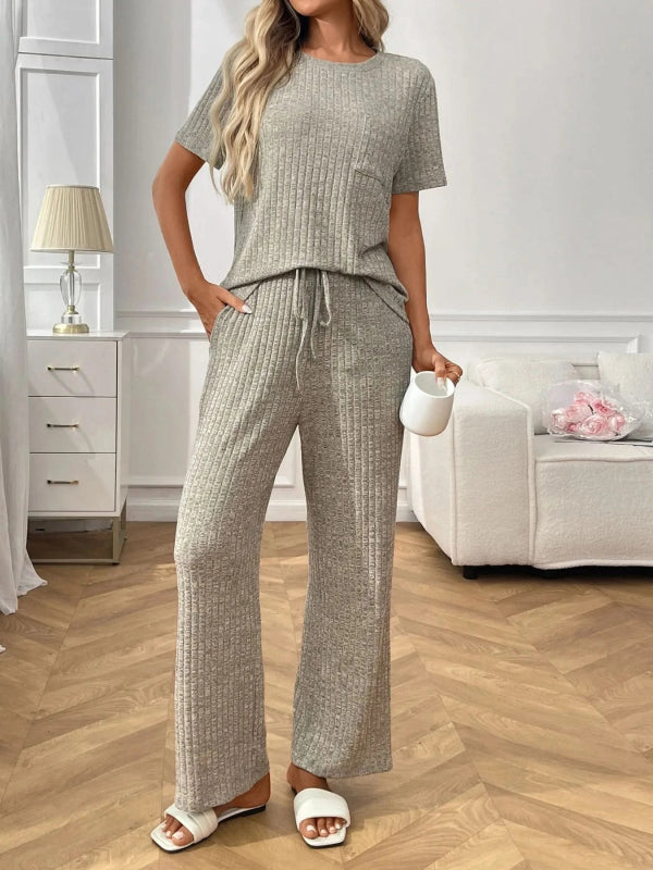 Ribbed Knit Short Sleeve Top and Pants Lounge Set - ShalayeFashion