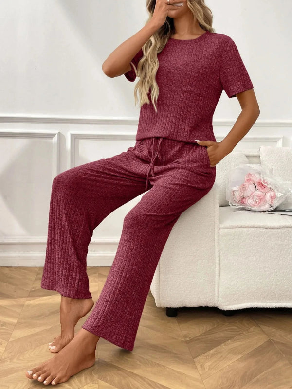 Ribbed Knit Short Sleeve Top and Pants Lounge Set - ShalayeFashion