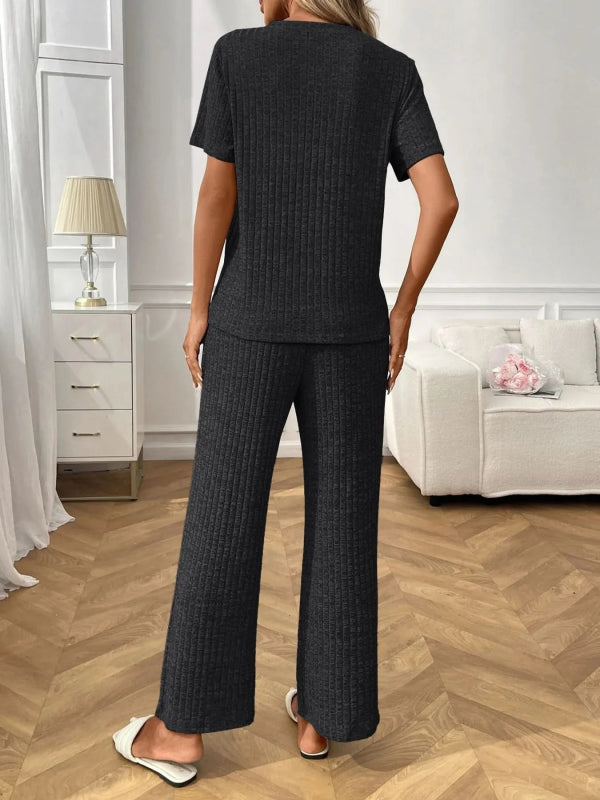 Ribbed Knit Short Sleeve Top and Pants Lounge Set - ShalayeFashion