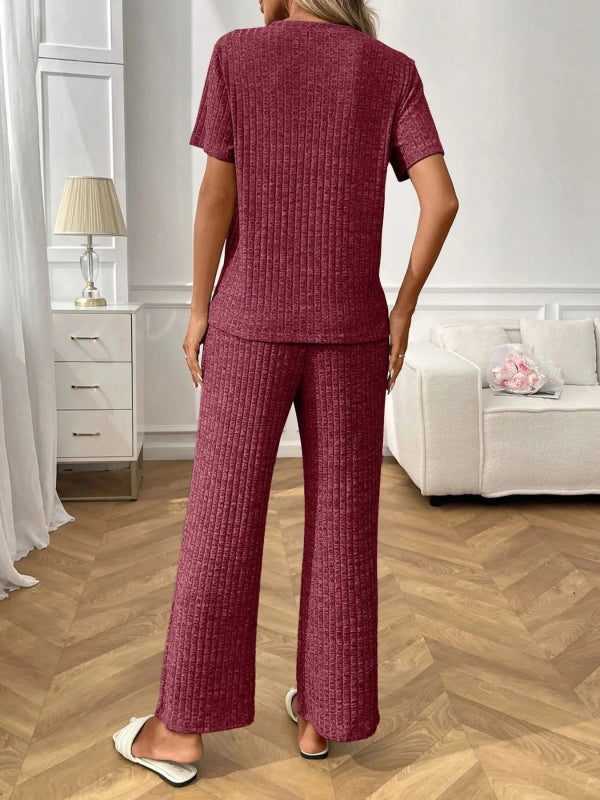 Ribbed Knit Short Sleeve Top and Pants Lounge Set - ShalayeFashion
