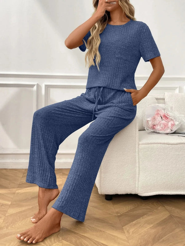 Ribbed Knit Short Sleeve Top and Pants Lounge Set - ShalayeFashion