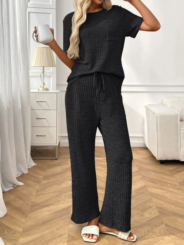 Ribbed Knit Short Sleeve Top and Pants Lounge Set - ShalayeFashion