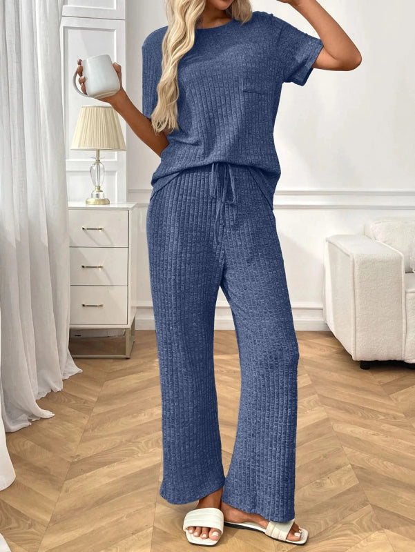 Ribbed Knit Short Sleeve Top and Pants Lounge Set - ShalayeFashion