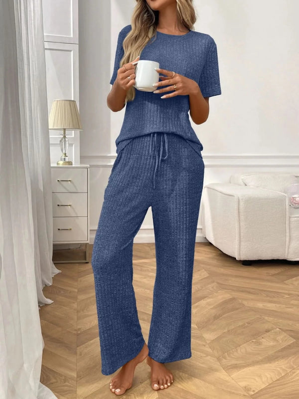 Ribbed Knit Short Sleeve Top and Pants Lounge Set - ShalayeFashion