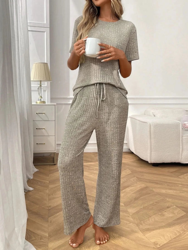 Ribbed Knit Short Sleeve Top and Pants Lounge Set - ShalayeFashion