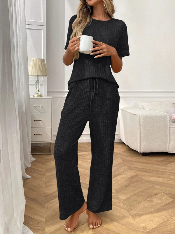 Ribbed Knit Short Sleeve Top and Pants Lounge Set - ShalayeFashion