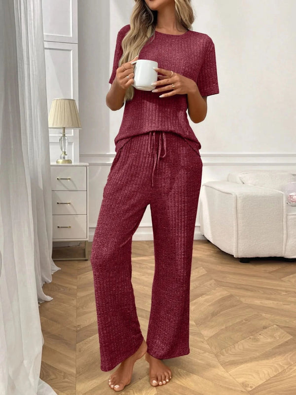 Ribbed Knit Short Sleeve Top and Pants Lounge Set - ShalayeFashion