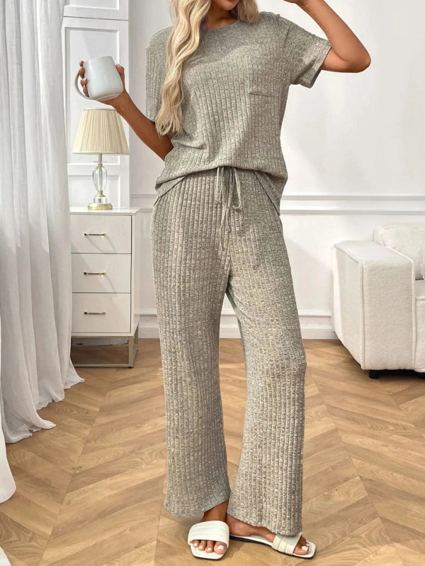 Ribbed Knit Short Sleeve Top and Pants Lounge Set - ShalayeFashion