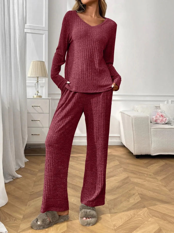 Ribbed Long Sleeve Top and Pants Lounge Set - ShalayeFashion