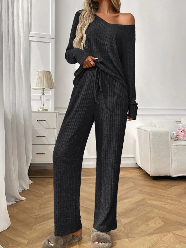Ribbed Long Sleeve Top and Pants Lounge Set - ShalayeFashion
