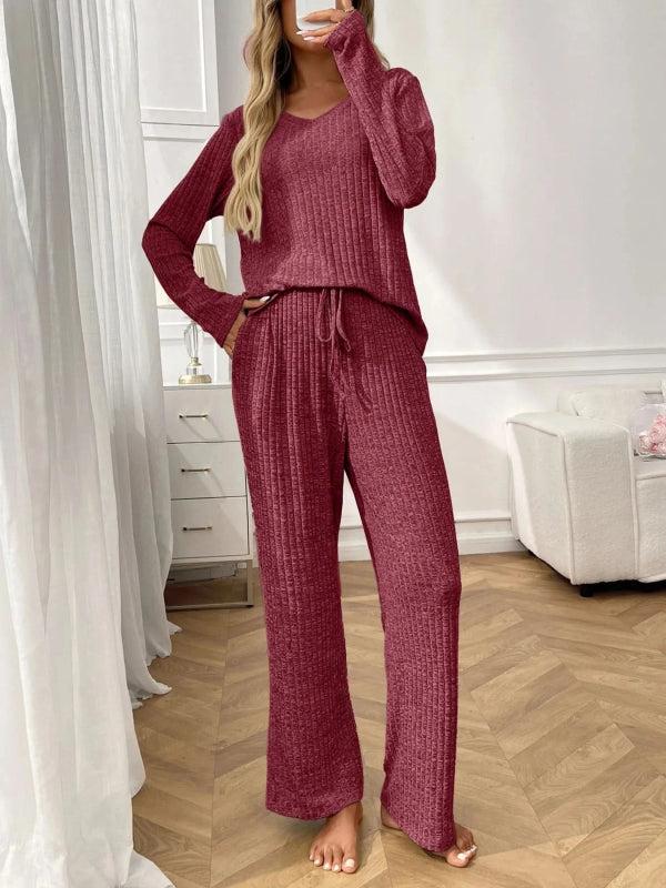 Ribbed Long Sleeve Top and Pants Lounge Set - ShalayeFashion